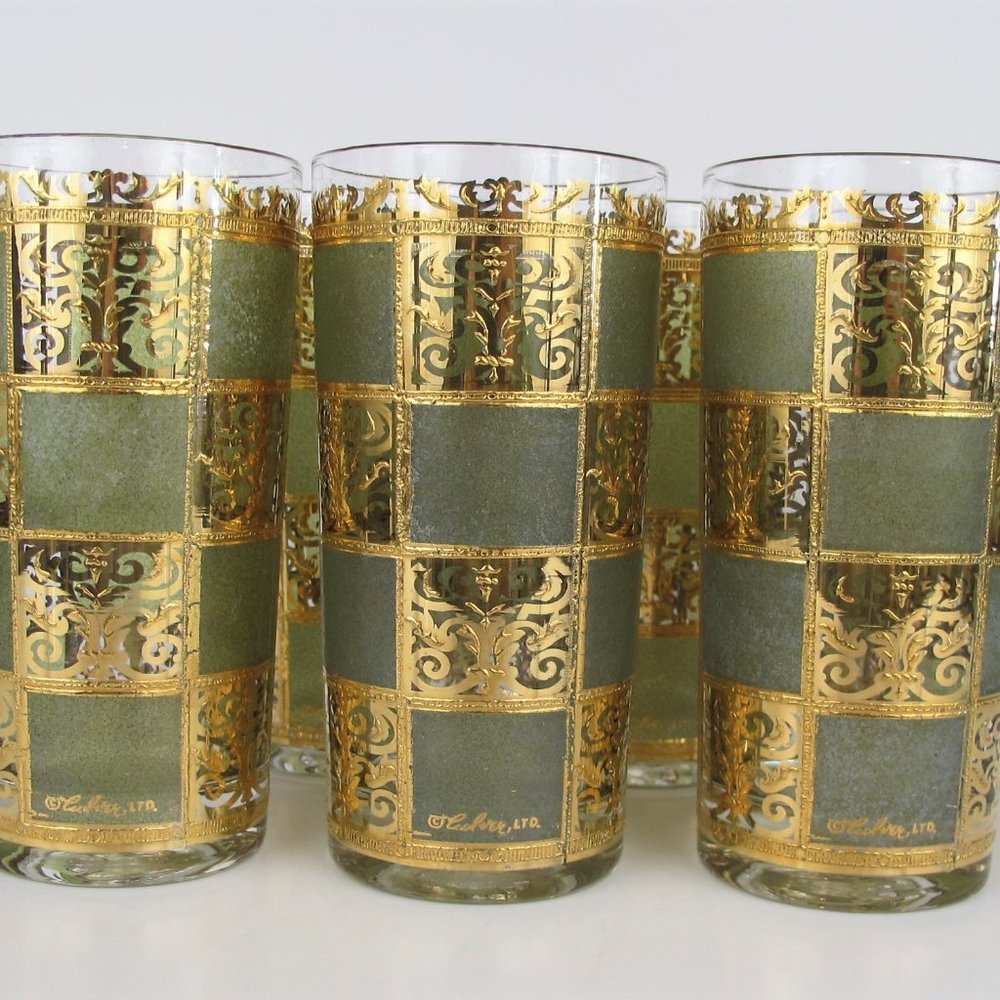 Culver Green & 22k Gold Gild Highball Glasses 6 Mid Century Modern